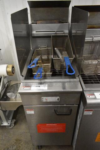 Patriot FM-90/NG Stainless Steel Commercial Floor Style Natural Gas Powered Deep Fat Fryer w/ 2 Metal Fry Baskets and Splash Guard on Commercial Casters. 90,000 BTU.