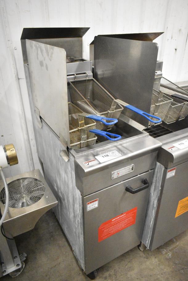 Patriot FM-90/NG Stainless Steel Commercial Floor Style Natural Gas Powered Deep Fat Fryer w/ 2 Metal Fry Baskets and Splash Guard on Commercial Casters. 90,000 BTU. - Image 2 of 5
