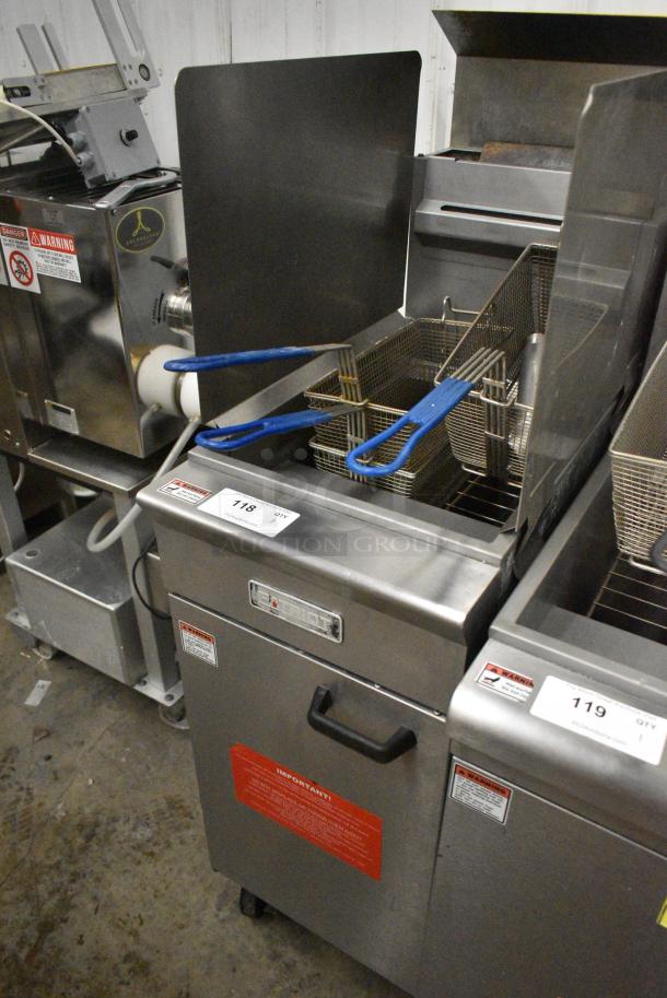 Patriot FM-90/NG Stainless Steel Commercial Floor Style Natural Gas Powered Deep Fat Fryer w/ 2 Metal Fry Baskets and Splash Guard on Commercial Casters. 90,000 BTU. - Image 3 of 5