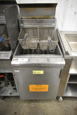 2019 Qualite GF-150/NG Stainless Steel Commercial Floor Style Natural Gas Powered Deep Fat Fryer w/ 2 Metal Fry Baskets. 150,000 BTU.