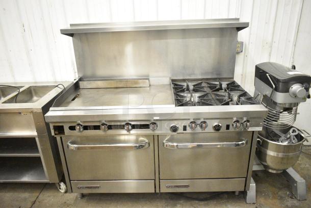 Southbend S60DD-3GL Stainless Steel Commercial Natural Gas Powered Flat Top Griddle w/ 4 Burner Range, 2 Ovens, Over Shelf and Back Splash. - Image 1 of 10