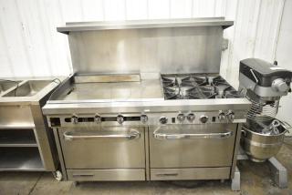 Southbend S60DD-3GL Stainless Steel Commercial Natural Gas Powered Flat Top Griddle w/ 4 Burner Range, 2 Ovens, Over Shelf and Back Splash.