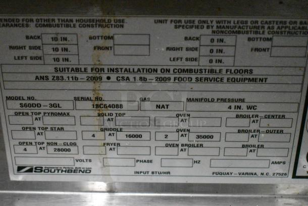 Southbend S60DD-3GL Stainless Steel Commercial Natural Gas Powered Flat Top Griddle w/ 4 Burner Range, 2 Ovens, Over Shelf and Back Splash. - Image 10 of 10