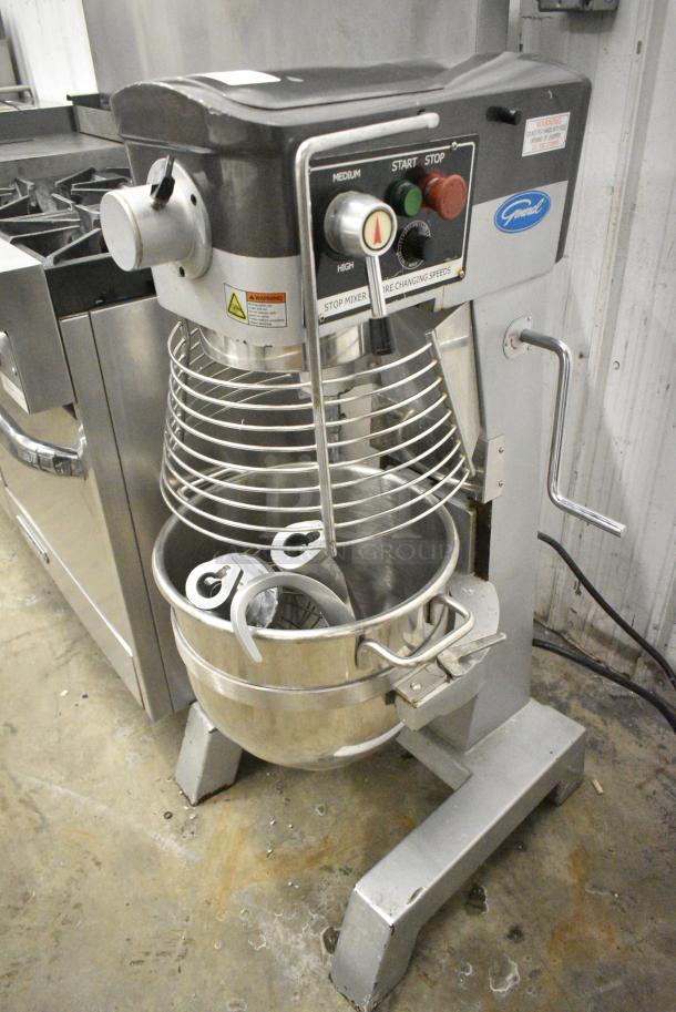 PrepPal GEM130 Metal Commercial Floor Style 30 Quart Planetary Dough Mixer w/ Stainless Steel Mixing Bowl, Bowl Guard, Dough Hook, Paddle and Whisk Attachments. 110 Volts, 1 Phase. Cannot Test Due To Plug Style - Image 1 of 7