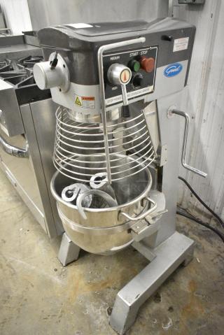 PrepPal GEM130 Metal Commercial Floor Style 30 Quart Planetary Dough Mixer w/ Stainless Steel Mixing Bowl, Bowl Guard, Dough Hook, Paddle and Whisk Attachments. 110 Volts, 1 Phase. Cannot Test Due To Plug Style