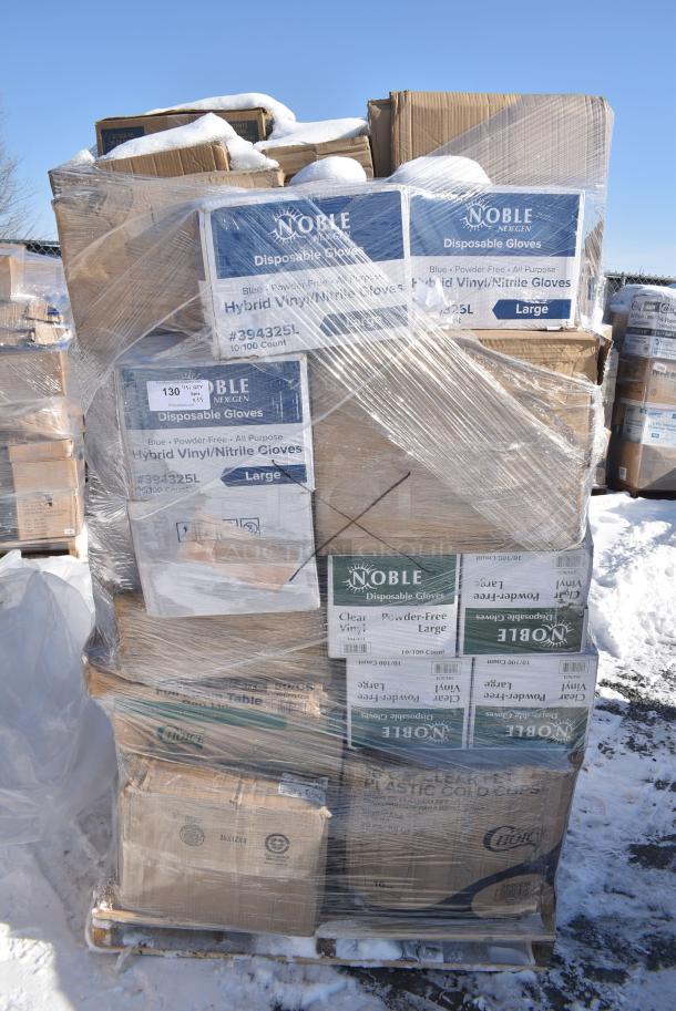 35 BRAND NEW! Boxes Including 500LDOME Choice 9 oz., 12 oz., 16 oz., 20 oz., 24 oz. Clear Dome Lid with 1" Hole - 1000/Case, 128HD8COMBO Choice Heavy Duty 8 oz. Microwavable Translucent Plastic Deli Container and Lid Combo Pack - 240/Case, 127P400C Choice 4 oz. Clear Plastic Souffle Cup / Portion Cup - 2500/Case, Solo Ultra Clear™ TP12 12 oz Customizable. Practical Fill Clear PET Plastic Cold Cup - 1000/Case, 130BKFKSNH Choice Black Heavy Weight Wrapped Polystyrene Plastic Cutlery Pack with Napkin - 500/Case, 186CVB1013C Choice 10" x 13" Chamber Vacuum Packaging Pouches / Bags 3 Mil - 1000/Case, 612FFL1230 Choice Foil Steam Table Pan Lid - Full Size - 50/Case, 394325L Noble NexGen Powder-Free Disposable Blue Hybrid 3 Mil Thick Gloves - Large, 394365L Noble Products Powder-Free Disposable Clear Vinyl Gloves for Foodservice - Large - 1000/Case, 500CC16 Choice Clear PET Customizable Plastic Cold Cup - 16 oz. - 1000/Case. 35 Times Your Bid! - Image 1 of 16