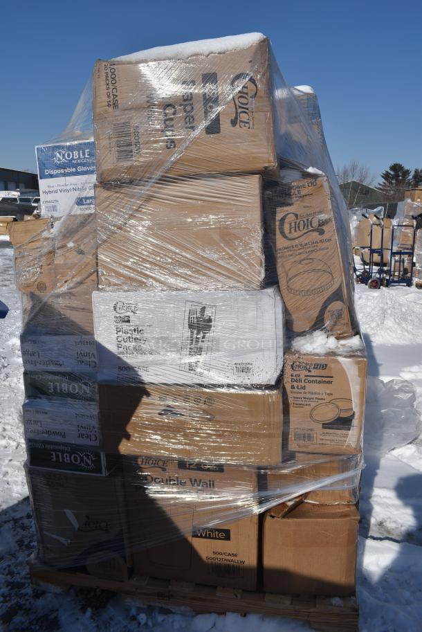 35 BRAND NEW! Boxes Including 500LDOME Choice 9 oz., 12 oz., 16 oz., 20 oz., 24 oz. Clear Dome Lid with 1" Hole - 1000/Case, 128HD8COMBO Choice Heavy Duty 8 oz. Microwavable Translucent Plastic Deli Container and Lid Combo Pack - 240/Case, 127P400C Choice 4 oz. Clear Plastic Souffle Cup / Portion Cup - 2500/Case, Solo Ultra Clear™ TP12 12 oz Customizable. Practical Fill Clear PET Plastic Cold Cup - 1000/Case, 130BKFKSNH Choice Black Heavy Weight Wrapped Polystyrene Plastic Cutlery Pack with Napkin - 500/Case, 186CVB1013C Choice 10" x 13" Chamber Vacuum Packaging Pouches / Bags 3 Mil - 1000/Case, 612FFL1230 Choice Foil Steam Table Pan Lid - Full Size - 50/Case, 394325L Noble NexGen Powder-Free Disposable Blue Hybrid 3 Mil Thick Gloves - Large, 394365L Noble Products Powder-Free Disposable Clear Vinyl Gloves for Foodservice - Large - 1000/Case, 500CC16 Choice Clear PET Customizable Plastic Cold Cup - 16 oz. - 1000/Case. 35 Times Your Bid! - Image 2 of 16