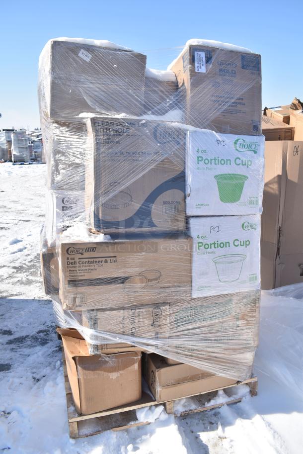 35 BRAND NEW! Boxes Including 500LDOME Choice 9 oz., 12 oz., 16 oz., 20 oz., 24 oz. Clear Dome Lid with 1" Hole - 1000/Case, 128HD8COMBO Choice Heavy Duty 8 oz. Microwavable Translucent Plastic Deli Container and Lid Combo Pack - 240/Case, 127P400C Choice 4 oz. Clear Plastic Souffle Cup / Portion Cup - 2500/Case, Solo Ultra Clear™ TP12 12 oz Customizable. Practical Fill Clear PET Plastic Cold Cup - 1000/Case, 130BKFKSNH Choice Black Heavy Weight Wrapped Polystyrene Plastic Cutlery Pack with Napkin - 500/Case, 186CVB1013C Choice 10" x 13" Chamber Vacuum Packaging Pouches / Bags 3 Mil - 1000/Case, 612FFL1230 Choice Foil Steam Table Pan Lid - Full Size - 50/Case, 394325L Noble NexGen Powder-Free Disposable Blue Hybrid 3 Mil Thick Gloves - Large, 394365L Noble Products Powder-Free Disposable Clear Vinyl Gloves for Foodservice - Large - 1000/Case, 500CC16 Choice Clear PET Customizable Plastic Cold Cup - 16 oz. - 1000/Case. 35 Times Your Bid! - Image 3 of 16