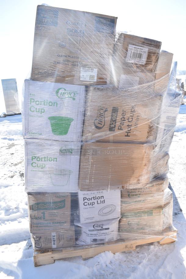 35 BRAND NEW! Boxes Including 500LDOME Choice 9 oz., 12 oz., 16 oz., 20 oz., 24 oz. Clear Dome Lid with 1" Hole - 1000/Case, 128HD8COMBO Choice Heavy Duty 8 oz. Microwavable Translucent Plastic Deli Container and Lid Combo Pack - 240/Case, 127P400C Choice 4 oz. Clear Plastic Souffle Cup / Portion Cup - 2500/Case, Solo Ultra Clear™ TP12 12 oz Customizable. Practical Fill Clear PET Plastic Cold Cup - 1000/Case, 130BKFKSNH Choice Black Heavy Weight Wrapped Polystyrene Plastic Cutlery Pack with Napkin - 500/Case, 186CVB1013C Choice 10" x 13" Chamber Vacuum Packaging Pouches / Bags 3 Mil - 1000/Case, 612FFL1230 Choice Foil Steam Table Pan Lid - Full Size - 50/Case, 394325L Noble NexGen Powder-Free Disposable Blue Hybrid 3 Mil Thick Gloves - Large, 394365L Noble Products Powder-Free Disposable Clear Vinyl Gloves for Foodservice - Large - 1000/Case, 500CC16 Choice Clear PET Customizable Plastic Cold Cup - 16 oz. - 1000/Case. 35 Times Your Bid! - Image 4 of 16