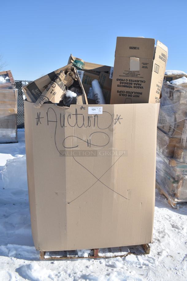 30 BRAND NEW! Boxes Including Dart 10J10 10 oz. White Customizable Foam Cup - 1000/Case, 795PTOKFT1 Choice Kraft Microwavable Folded Paper #1 Take-Out Container 4 3/8" x 3 1/2" x 2 1/2" - 450/Case, 5004C Choice 4 oz. Coffee Print Poly Paper Hot Cup - 1000/Case, 3493042TCB Lancaster Table & Seating Laminated Rectangular Table Top Reversible Cherry / Black, Dart 85HT3R 8" x 8" x 3" White Foam Three-Compartment Square Take Out Container with Perforated Hinged Lid - 200/Case. 30 Times Your Bid! - Image 1 of 13