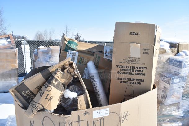 30 BRAND NEW! Boxes Including Dart 10J10 10 oz. White Customizable Foam Cup - 1000/Case, 795PTOKFT1 Choice Kraft Microwavable Folded Paper #1 Take-Out Container 4 3/8" x 3 1/2" x 2 1/2" - 450/Case, 5004C Choice 4 oz. Coffee Print Poly Paper Hot Cup - 1000/Case, 3493042TCB Lancaster Table & Seating Laminated Rectangular Table Top Reversible Cherry / Black, Dart 85HT3R 8" x 8" x 3" White Foam Three-Compartment Square Take Out Container with Perforated Hinged Lid - 200/Case. 30 Times Your Bid! - Image 2 of 13