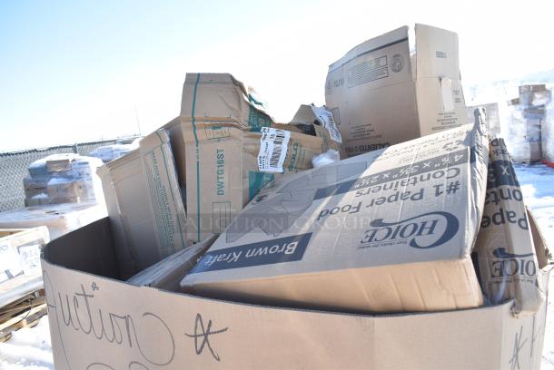 30 BRAND NEW! Boxes Including Dart 10J10 10 oz. White Customizable Foam Cup - 1000/Case, 795PTOKFT1 Choice Kraft Microwavable Folded Paper #1 Take-Out Container 4 3/8" x 3 1/2" x 2 1/2" - 450/Case, 5004C Choice 4 oz. Coffee Print Poly Paper Hot Cup - 1000/Case, 3493042TCB Lancaster Table & Seating Laminated Rectangular Table Top Reversible Cherry / Black, Dart 85HT3R 8" x 8" x 3" White Foam Three-Compartment Square Take Out Container with Perforated Hinged Lid - 200/Case. 30 Times Your Bid! - Image 3 of 13