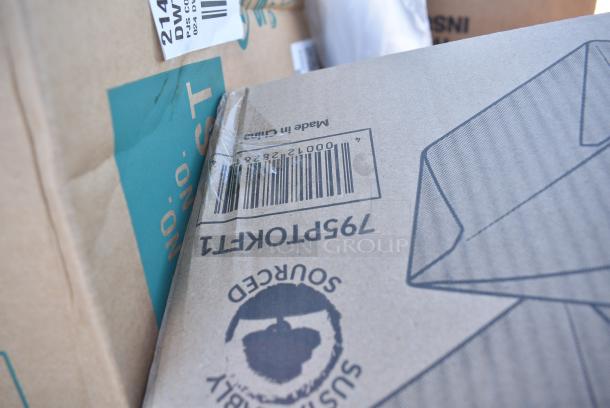 30 BRAND NEW! Boxes Including Dart 10J10 10 oz. White Customizable Foam Cup - 1000/Case, 795PTOKFT1 Choice Kraft Microwavable Folded Paper #1 Take-Out Container 4 3/8" x 3 1/2" x 2 1/2" - 450/Case, 5004C Choice 4 oz. Coffee Print Poly Paper Hot Cup - 1000/Case, 3493042TCB Lancaster Table & Seating Laminated Rectangular Table Top Reversible Cherry / Black, Dart 85HT3R 8" x 8" x 3" White Foam Three-Compartment Square Take Out Container with Perforated Hinged Lid - 200/Case. 30 Times Your Bid! - Image 8 of 13