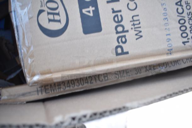 30 BRAND NEW! Boxes Including Dart 10J10 10 oz. White Customizable Foam Cup - 1000/Case, 795PTOKFT1 Choice Kraft Microwavable Folded Paper #1 Take-Out Container 4 3/8" x 3 1/2" x 2 1/2" - 450/Case, 5004C Choice 4 oz. Coffee Print Poly Paper Hot Cup - 1000/Case, 3493042TCB Lancaster Table & Seating Laminated Rectangular Table Top Reversible Cherry / Black, Dart 85HT3R 8" x 8" x 3" White Foam Three-Compartment Square Take Out Container with Perforated Hinged Lid - 200/Case. 30 Times Your Bid! - Image 11 of 13