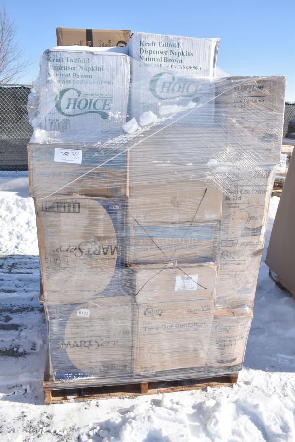 28 BRAND NEW! Boxes Including 127SB24COMBO Choice 24 oz. Clear Plastic Salad Bowl with Lid - 150/Case, 129MCS38B Choice 38 oz. Black Rectangular Microwavable Heavy Weight Container with Lid 8 3/4" x 6 1/4" x 2" - 150/Case, 5002CPTE Lavex 2-Ply White Center Pull Paper Towel 510' Roll - 6/Case, 347BP9BK Choice 9" Black Plastic Plate - 500/Case, 50016W Choice 16 oz. White Poly Paper Hot Cup - 1000/Case, 966TALLFLDN Choice Kraft Natural Tall-Fold 6" x 13" Dispenser Napkin - 8000/Case, 2 Boxes 128HD12COMBO Choice Heavy Duty 12 oz. Microwavable Translucent Plastic Deli Container and Lid Combo Pack - 240/Case, 5002CPTE Lavex 2-Ply White Center Pull Paper Towel 510' Roll - 6/Case, 795KFT16REPE Choice 16 oz. Rectangular Kraft PE-Lined Microwavable Take-Out Container 6 5/8" x 4 5/8" x 1 5/8" - 300/Case, 129MCR50B Choice 43 oz. Black Round Microwavable Heavy Weight Container with Lid 9" - 150/Case. 28 Times Your Bid! - Image 1 of 17