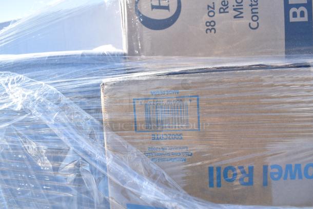 28 BRAND NEW! Boxes Including 127SB24COMBO Choice 24 oz. Clear Plastic Salad Bowl with Lid - 150/Case, 129MCS38B Choice 38 oz. Black Rectangular Microwavable Heavy Weight Container with Lid 8 3/4" x 6 1/4" x 2" - 150/Case, 5002CPTE Lavex 2-Ply White Center Pull Paper Towel 510' Roll - 6/Case, 347BP9BK Choice 9" Black Plastic Plate - 500/Case, 50016W Choice 16 oz. White Poly Paper Hot Cup - 1000/Case, 966TALLFLDN Choice Kraft Natural Tall-Fold 6" x 13" Dispenser Napkin - 8000/Case, 2 Boxes 128HD12COMBO Choice Heavy Duty 12 oz. Microwavable Translucent Plastic Deli Container and Lid Combo Pack - 240/Case, 5002CPTE Lavex 2-Ply White Center Pull Paper Towel 510' Roll - 6/Case, 795KFT16REPE Choice 16 oz. Rectangular Kraft PE-Lined Microwavable Take-Out Container 6 5/8" x 4 5/8" x 1 5/8" - 300/Case, 129MCR50B Choice 43 oz. Black Round Microwavable Heavy Weight Container with Lid 9" - 150/Case. 28 Times Your Bid! - Image 7 of 17