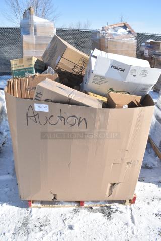 20 BRAND NEW! Boxes Including Dart 60HT1 White Foam Hinged Lid Container 6" x 6" x 3" - 500/Case, 5002DNAP Choice White 2-Ply Dinner Napkin 17" x 15" - 3000/Case, 395TO661W White Hinged Take Out Containers, 600FD46G FAUCET DECK 4"C 6" SPREAD 10"H GNECK SPOUT NO LEAD, 127SB24COMBO Choice 24 oz. Clear Plastic Salad Bowl with Lid - 150/Case, Dart C95PST1 ClearSeal 8 7/8" x 9 3/8" x 3" Hinged Lid Plastic Container - 200/Case, 500L1020B Choice Black Hot Paper Cup Travel Lid for 10-24 oz. Standard Cups and 8 oz. Squat Cups - 1000/Case, 394EN503L Noble Products Powder-Free Disposable Blue Exam Grade Nitrile 4 Mil Thick Textured Gloves - Large - 1000/Case, Dart 60HT1 White Foam Hinged Lid Container 6" x 6" x 3" - 500/Case. 20 Times Your Bid!