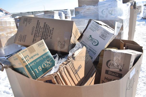 20 BRAND NEW! Boxes Including Dart 60HT1 White Foam Hinged Lid Container 6" x 6" x 3" - 500/Case, 5002DNAP Choice White 2-Ply Dinner Napkin 17" x 15" - 3000/Case, 395TO661W White Hinged Take Out Containers, 600FD46G FAUCET DECK 4"C 6" SPREAD 10"H GNECK SPOUT NO LEAD, 127SB24COMBO Choice 24 oz. Clear Plastic Salad Bowl with Lid - 150/Case, Dart C95PST1 ClearSeal 8 7/8" x 9 3/8" x 3" Hinged Lid Plastic Container - 200/Case, 500L1020B Choice Black Hot Paper Cup Travel Lid for 10-24 oz. Standard Cups and 8 oz. Squat Cups - 1000/Case, 394EN503L Noble Products Powder-Free Disposable Blue Exam Grade Nitrile 4 Mil Thick Textured Gloves - Large - 1000/Case, Dart 60HT1 White Foam Hinged Lid Container 6" x 6" x 3" - 500/Case. 20 Times Your Bid! - Image 4 of 16