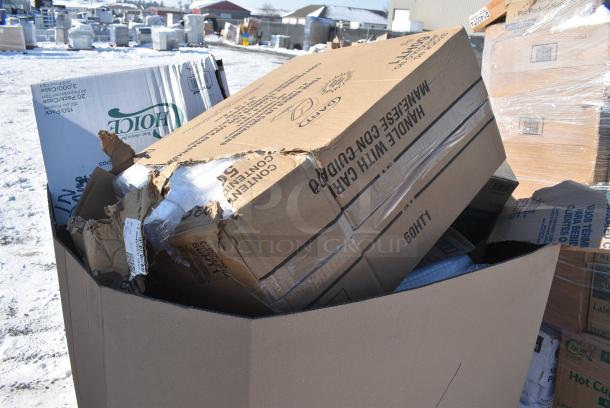 20 BRAND NEW! Boxes Including Dart 60HT1 White Foam Hinged Lid Container 6" x 6" x 3" - 500/Case, 5002DNAP Choice White 2-Ply Dinner Napkin 17" x 15" - 3000/Case, 395TO661W White Hinged Take Out Containers, 600FD46G FAUCET DECK 4"C 6" SPREAD 10"H GNECK SPOUT NO LEAD, 127SB24COMBO Choice 24 oz. Clear Plastic Salad Bowl with Lid - 150/Case, Dart C95PST1 ClearSeal 8 7/8" x 9 3/8" x 3" Hinged Lid Plastic Container - 200/Case, 500L1020B Choice Black Hot Paper Cup Travel Lid for 10-24 oz. Standard Cups and 8 oz. Squat Cups - 1000/Case, 394EN503L Noble Products Powder-Free Disposable Blue Exam Grade Nitrile 4 Mil Thick Textured Gloves - Large - 1000/Case, Dart 60HT1 White Foam Hinged Lid Container 6" x 6" x 3" - 500/Case. 20 Times Your Bid! - Image 5 of 16