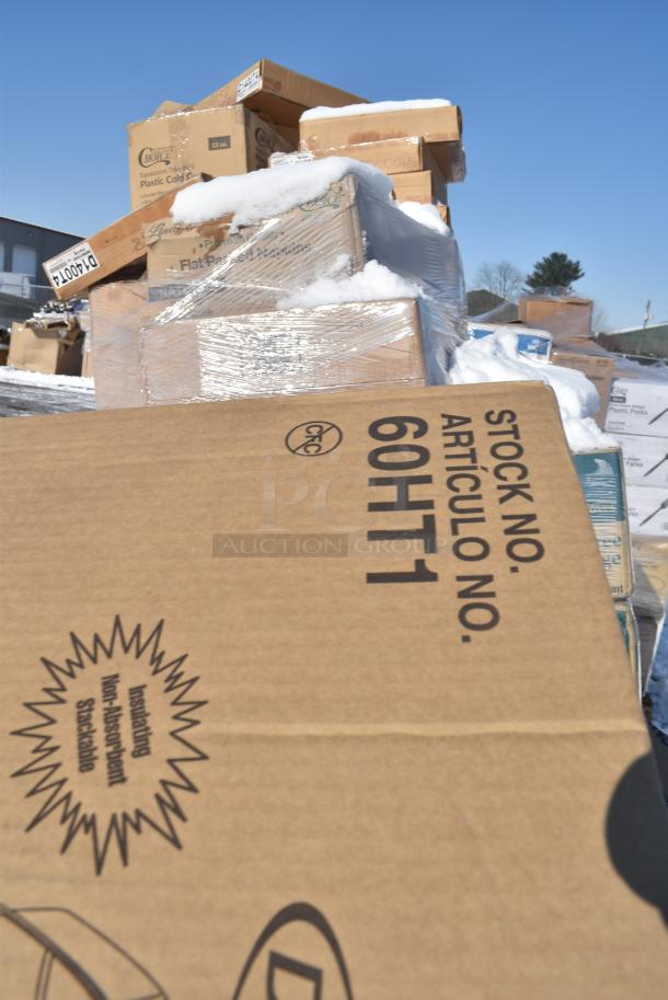 20 BRAND NEW! Boxes Including Dart 60HT1 White Foam Hinged Lid Container 6" x 6" x 3" - 500/Case, 5002DNAP Choice White 2-Ply Dinner Napkin 17" x 15" - 3000/Case, 395TO661W White Hinged Take Out Containers, 600FD46G FAUCET DECK 4"C 6" SPREAD 10"H GNECK SPOUT NO LEAD, 127SB24COMBO Choice 24 oz. Clear Plastic Salad Bowl with Lid - 150/Case, Dart C95PST1 ClearSeal 8 7/8" x 9 3/8" x 3" Hinged Lid Plastic Container - 200/Case, 500L1020B Choice Black Hot Paper Cup Travel Lid for 10-24 oz. Standard Cups and 8 oz. Squat Cups - 1000/Case, 394EN503L Noble Products Powder-Free Disposable Blue Exam Grade Nitrile 4 Mil Thick Textured Gloves - Large - 1000/Case, Dart 60HT1 White Foam Hinged Lid Container 6" x 6" x 3" - 500/Case. 20 Times Your Bid! - Image 6 of 16