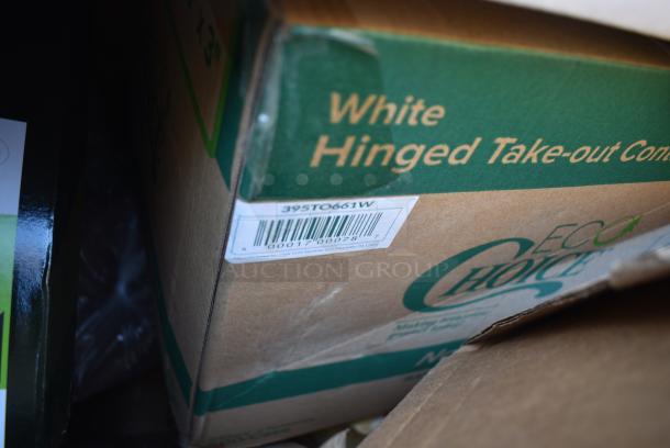20 BRAND NEW! Boxes Including Dart 60HT1 White Foam Hinged Lid Container 6" x 6" x 3" - 500/Case, 5002DNAP Choice White 2-Ply Dinner Napkin 17" x 15" - 3000/Case, 395TO661W White Hinged Take Out Containers, 600FD46G FAUCET DECK 4"C 6" SPREAD 10"H GNECK SPOUT NO LEAD, 127SB24COMBO Choice 24 oz. Clear Plastic Salad Bowl with Lid - 150/Case, Dart C95PST1 ClearSeal 8 7/8" x 9 3/8" x 3" Hinged Lid Plastic Container - 200/Case, 500L1020B Choice Black Hot Paper Cup Travel Lid for 10-24 oz. Standard Cups and 8 oz. Squat Cups - 1000/Case, 394EN503L Noble Products Powder-Free Disposable Blue Exam Grade Nitrile 4 Mil Thick Textured Gloves - Large - 1000/Case, Dart 60HT1 White Foam Hinged Lid Container 6" x 6" x 3" - 500/Case. 20 Times Your Bid! - Image 8 of 16
