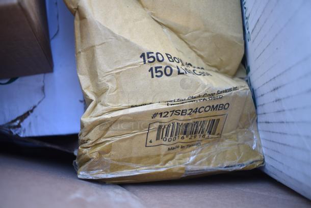 20 BRAND NEW! Boxes Including Dart 60HT1 White Foam Hinged Lid Container 6" x 6" x 3" - 500/Case, 5002DNAP Choice White 2-Ply Dinner Napkin 17" x 15" - 3000/Case, 395TO661W White Hinged Take Out Containers, 600FD46G FAUCET DECK 4"C 6" SPREAD 10"H GNECK SPOUT NO LEAD, 127SB24COMBO Choice 24 oz. Clear Plastic Salad Bowl with Lid - 150/Case, Dart C95PST1 ClearSeal 8 7/8" x 9 3/8" x 3" Hinged Lid Plastic Container - 200/Case, 500L1020B Choice Black Hot Paper Cup Travel Lid for 10-24 oz. Standard Cups and 8 oz. Squat Cups - 1000/Case, 394EN503L Noble Products Powder-Free Disposable Blue Exam Grade Nitrile 4 Mil Thick Textured Gloves - Large - 1000/Case, Dart 60HT1 White Foam Hinged Lid Container 6" x 6" x 3" - 500/Case. 20 Times Your Bid! - Image 10 of 16