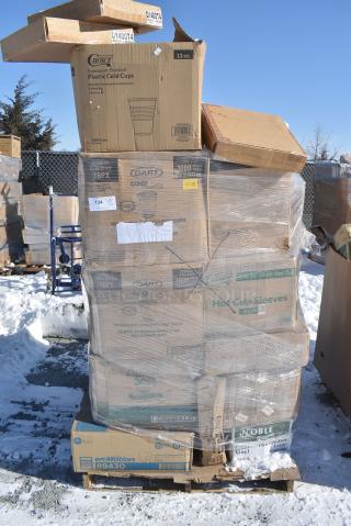 40 BRAND NEW! Boxes Including 394325M Noble NexGen Powder-Free Disposable Blue Hybrid 3 Mil Thick Gloves - Medium - 1000/Case, 500COLLARBR EcoChoice Kraft Coffee Cup Sleeve / Jacket / Clutch - 10-24 oz. - 1200/Case, 394385L Noble Products White Powder-Free Disposable Latex Gloves for Foodservice - Large - 1000/Case, 394325M Noble NexGen Powder-Free Disposable Blue Hybrid 3 Mil Thick Gloves - Medium - 1000/Case, 795PTOKFT1 Choice Kraft Microwavable Folded Paper #1 Take-Out Container 4 3/8" x 3 1/2" x 2 1/2" - 450/Case, 100260CHC Choice Take Out Containers, Dart 16PX Conex ClearPro 16 oz. Polypropylene Cold Cup - 1000/Case, 500TW12 Choice 12 oz. Translucent Thin Wall Plastic Cold Cup - 1000/Case, VacPak-It 186CVBZ1015 10" x 15" Chamber Vacuum Packaging Bags with Zipper 3 Mil - 1000/Case. 40 Times Your Bid!