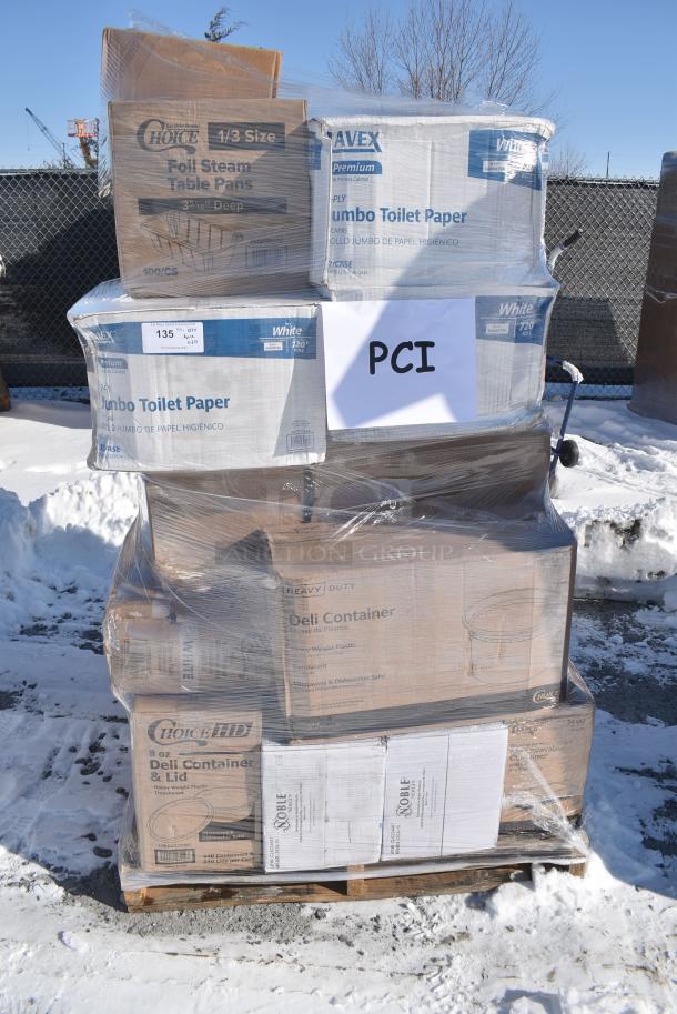 30 BRAND NEW! Boxes Including 130BKFORKX Choice Black Extra Heavy Weight Polystyrene Plastic Fork - 1000/Case, 2 Box 127DM12BULK Choice 12 oz. Ultra Clear Recycled PET Plastic Round Deli Container - 500/Case, 129MCS12B Choice 12 oz. Black 6" x 4 3/4" x 1 3/4" Rectangular Microwavable Heavy Weight Container with Lid - 150/Case, 128HD16BULK Choice Heavy Duty 16 oz. Microwavable Translucent Plastic Deli Container - 480/Case, 129MCS12B Choice 12 oz. Black 6" x 4 3/4" x 1 3/4" Rectangular Microwavable Heavy Weight Container with Lid - 150/Case, 129MCS24B Choice 24 oz. Black Rectangular Microwavable Heavy Weight Container with Lid 8" x 5 1/4" x 2" - 150/Case, 128HD8COMBO Choice Heavy Duty 8 oz. Microwavable Translucent Plastic Deli Container and Lid Combo Pack - 240/Case, 129MCR16W Choice 16 oz. White 6 1/4" Round Microwavable Heavy Weight Container with Lid - 150/Case, 394345M Noble NexGen Powder-Free Disposable Black Hybrid 3 Mil Thick Gloves - Medium - 1000/Case, 612FS5006 Choice Third Size Foil Steam Pan Deep 3 5/16" Depth - 100/Case. 30 Times Your Bid! - Image 1 of 18