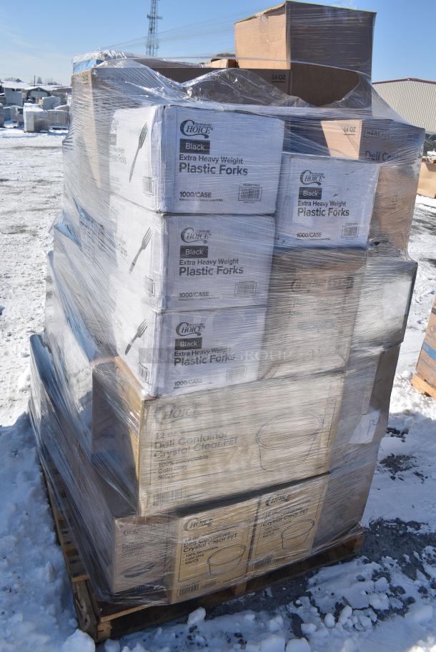 30 BRAND NEW! Boxes Including 130BKFORKX Choice Black Extra Heavy Weight Polystyrene Plastic Fork - 1000/Case, 2 Box 127DM12BULK Choice 12 oz. Ultra Clear Recycled PET Plastic Round Deli Container - 500/Case, 129MCS12B Choice 12 oz. Black 6" x 4 3/4" x 1 3/4" Rectangular Microwavable Heavy Weight Container with Lid - 150/Case, 128HD16BULK Choice Heavy Duty 16 oz. Microwavable Translucent Plastic Deli Container - 480/Case, 129MCS12B Choice 12 oz. Black 6" x 4 3/4" x 1 3/4" Rectangular Microwavable Heavy Weight Container with Lid - 150/Case, 129MCS24B Choice 24 oz. Black Rectangular Microwavable Heavy Weight Container with Lid 8" x 5 1/4" x 2" - 150/Case, 128HD8COMBO Choice Heavy Duty 8 oz. Microwavable Translucent Plastic Deli Container and Lid Combo Pack - 240/Case, 129MCR16W Choice 16 oz. White 6 1/4" Round Microwavable Heavy Weight Container with Lid - 150/Case, 394345M Noble NexGen Powder-Free Disposable Black Hybrid 3 Mil Thick Gloves - Medium - 1000/Case, 612FS5006 Choice Third Size Foil Steam Pan Deep 3 5/16" Depth - 100/Case. 30 Times Your Bid! - Image 4 of 18