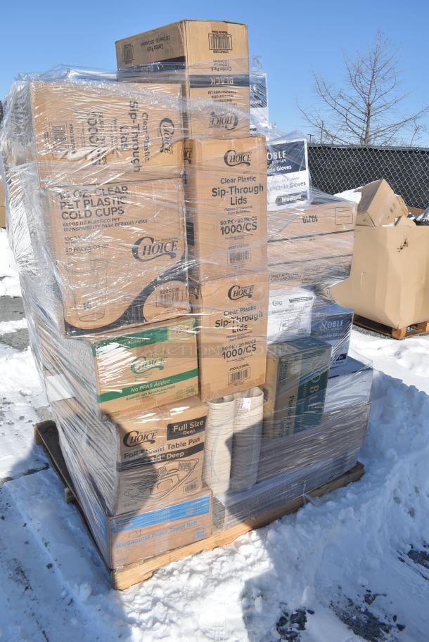 28 BRAND NEW! Boxes Including 394345XLNoble NexGen Powder-Free Disposable Black Hybrid 3 Mil Thick Gloves - Extra Large - 1000/Case, 127SB18COMBO Choice 18 oz. Clear Plastic Salad Bowl with Lid - 150/Case, 500LSTRWL Choice 9, 12, 16, 20, and 24 oz. Clear Strawless / Sip Lid - 1000/Case, 394325XL Noble NexGen Powder-Free Disposable Blue Hybrid 3 Mil Thick Gloves - Extra Large - 1000/Case, 500CC16 Choice Clear PET Customizable Plastic Cold Cup - 16 oz. - 1000/Case, 395TO962 EcoChoice 9" x 6" x 3" Compostable Sugarcane / Bagasse 2 Compartment Takeout Container - 200/Case, 612605070 Choice Full Size Heavy-Duty Foil Steam Table Pan Deep 3 3/8" Depth - 50/Case. 28 Times Your Bid! - Image 2 of 16