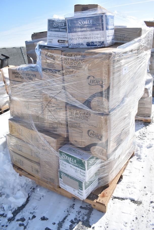 28 BRAND NEW! Boxes Including 394345XLNoble NexGen Powder-Free Disposable Black Hybrid 3 Mil Thick Gloves - Extra Large - 1000/Case, 127SB18COMBO Choice 18 oz. Clear Plastic Salad Bowl with Lid - 150/Case, 500LSTRWL Choice 9, 12, 16, 20, and 24 oz. Clear Strawless / Sip Lid - 1000/Case, 394325XL Noble NexGen Powder-Free Disposable Blue Hybrid 3 Mil Thick Gloves - Extra Large - 1000/Case, 500CC16 Choice Clear PET Customizable Plastic Cold Cup - 16 oz. - 1000/Case, 395TO962 EcoChoice 9" x 6" x 3" Compostable Sugarcane / Bagasse 2 Compartment Takeout Container - 200/Case, 612605070 Choice Full Size Heavy-Duty Foil Steam Table Pan Deep 3 3/8" Depth - 50/Case. 28 Times Your Bid! - Image 3 of 16