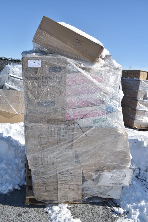 28 BRAND NEW! Boxes Including 394360L Noble Products Clear Powdered Disposable Vinyl Gloves for Foodservice - Large - 1000/Case, 2 Box 500CC32P Choice Clear PET Plastic Cold Cup - 32 oz. - 500/Case, 130LID18 Visions 18" Clear PET Plastic Round Catering Tray High Dome Lid - 25/Case, 4 Box Sandwich Wrap 14"x16", 127RD8COMBO Choice 8 oz. Customizable Microwavable Clear Round Deli Container and Lid Combo Pack - 250/Case, 128HD8COMBO Choice Heavy Duty 8 oz. Microwavable Translucent Plastic Deli Container and Lid Combo Pack - 240/Case. 28 Times Your Bid! - Image 1 of 13