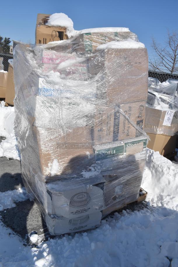 28 BRAND NEW! Boxes Including 394360L Noble Products Clear Powdered Disposable Vinyl Gloves for Foodservice - Large - 1000/Case, 2 Box 500CC32P Choice Clear PET Plastic Cold Cup - 32 oz. - 500/Case, 130LID18 Visions 18" Clear PET Plastic Round Catering Tray High Dome Lid - 25/Case, 4 Box Sandwich Wrap 14"x16", 127RD8COMBO Choice 8 oz. Customizable Microwavable Clear Round Deli Container and Lid Combo Pack - 250/Case, 128HD8COMBO Choice Heavy Duty 8 oz. Microwavable Translucent Plastic Deli Container and Lid Combo Pack - 240/Case. 28 Times Your Bid! - Image 2 of 13