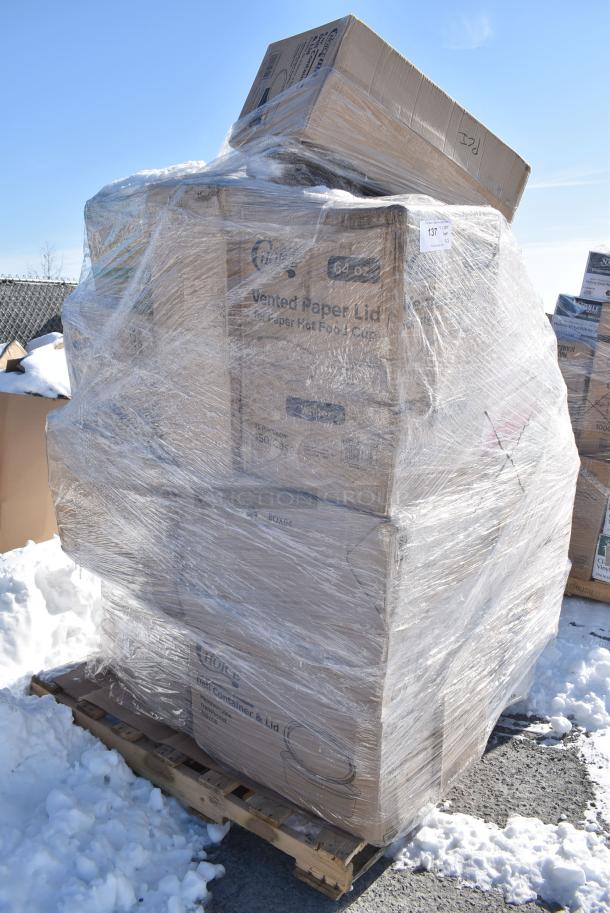 28 BRAND NEW! Boxes Including 394360L Noble Products Clear Powdered Disposable Vinyl Gloves for Foodservice - Large - 1000/Case, 2 Box 500CC32P Choice Clear PET Plastic Cold Cup - 32 oz. - 500/Case, 130LID18 Visions 18" Clear PET Plastic Round Catering Tray High Dome Lid - 25/Case, 4 Box Sandwich Wrap 14"x16", 127RD8COMBO Choice 8 oz. Customizable Microwavable Clear Round Deli Container and Lid Combo Pack - 250/Case, 128HD8COMBO Choice Heavy Duty 8 oz. Microwavable Translucent Plastic Deli Container and Lid Combo Pack - 240/Case. 28 Times Your Bid! - Image 3 of 13