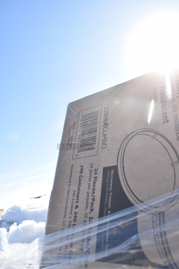 28 BRAND NEW! Boxes Including 394360L Noble Products Clear Powdered Disposable Vinyl Gloves for Foodservice - Large - 1000/Case, 2 Box 500CC32P Choice Clear PET Plastic Cold Cup - 32 oz. - 500/Case, 130LID18 Visions 18" Clear PET Plastic Round Catering Tray High Dome Lid - 25/Case, 4 Box Sandwich Wrap 14"x16", 127RD8COMBO Choice 8 oz. Customizable Microwavable Clear Round Deli Container and Lid Combo Pack - 250/Case, 128HD8COMBO Choice Heavy Duty 8 oz. Microwavable Translucent Plastic Deli Container and Lid Combo Pack - 240/Case. 28 Times Your Bid! - Image 13 of 13