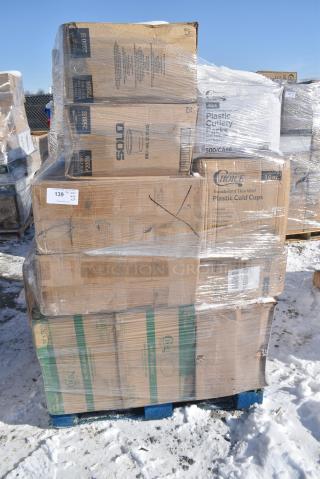 25 BRAND NEW! Boxes Including 760VP85 Carnival King Kraft 85 oz. Popcorn Bucket - 150/Case, 50012DWALLW Choice 12 oz. White Smooth Double Wall Paper Hot Cup - 500/Case, 500FC100 Cups, 346WKFSNM Choice Medium Weight White Wrapped Polypropylene Plastic Cutlery Set with Napkin - 250/Case, 347BP10BK Choice 10 1/4" Black Plastic Plate - 500/Case, 394385L Noble Products White Powder-Free Disposable Latex Gloves for Foodservice - Large - 1000/Case. 25 Times Your Bid!