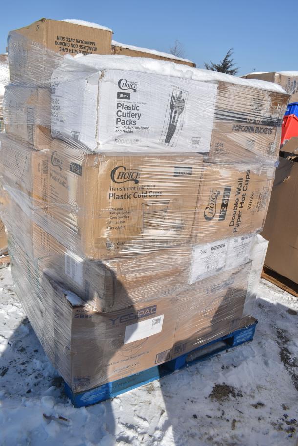 25 BRAND NEW! Boxes Including 760VP85 Carnival King Kraft 85 oz. Popcorn Bucket - 150/Case, 50012DWALLW Choice 12 oz. White Smooth Double Wall Paper Hot Cup - 500/Case, 500FC100 Cups, 346WKFSNM Choice Medium Weight White Wrapped Polypropylene Plastic Cutlery Set with Napkin - 250/Case, 347BP10BK Choice 10 1/4" Black Plastic Plate - 500/Case, 394385L Noble Products White Powder-Free Disposable Latex Gloves for Foodservice - Large - 1000/Case. 25 Times Your Bid! - Image 2 of 10