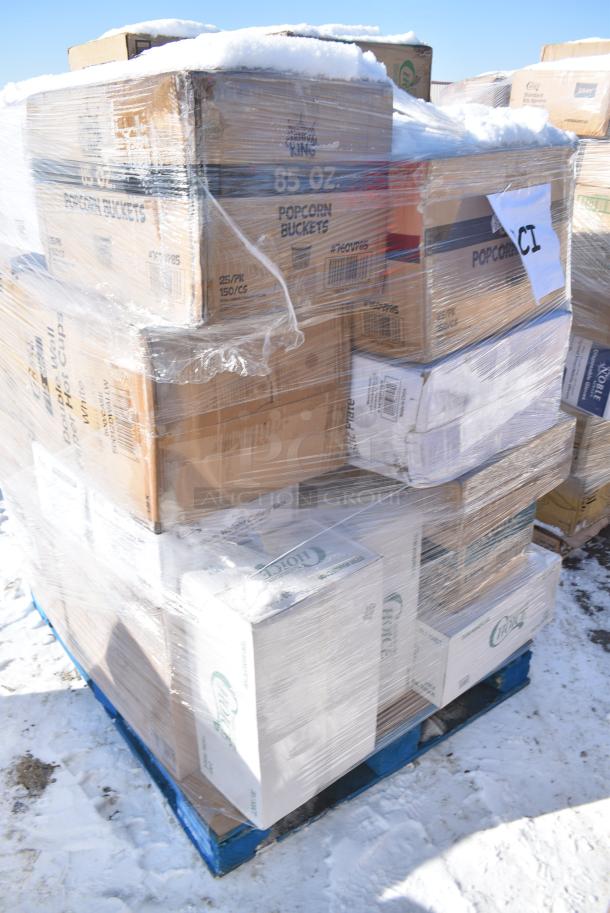 25 BRAND NEW! Boxes Including 760VP85 Carnival King Kraft 85 oz. Popcorn Bucket - 150/Case, 50012DWALLW Choice 12 oz. White Smooth Double Wall Paper Hot Cup - 500/Case, 500FC100 Cups, 346WKFSNM Choice Medium Weight White Wrapped Polypropylene Plastic Cutlery Set with Napkin - 250/Case, 347BP10BK Choice 10 1/4" Black Plastic Plate - 500/Case, 394385L Noble Products White Powder-Free Disposable Latex Gloves for Foodservice - Large - 1000/Case. 25 Times Your Bid! - Image 4 of 10