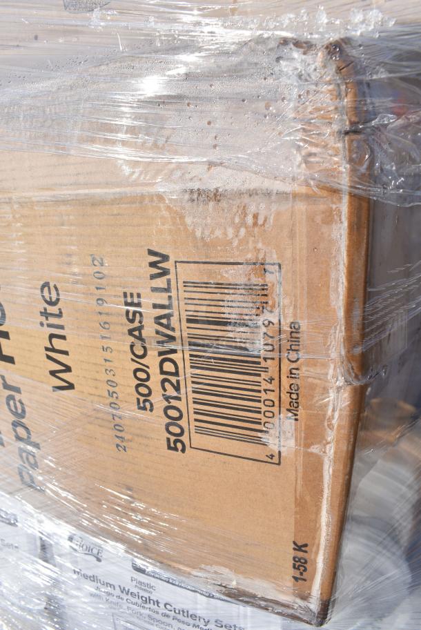 25 BRAND NEW! Boxes Including 760VP85 Carnival King Kraft 85 oz. Popcorn Bucket - 150/Case, 50012DWALLW Choice 12 oz. White Smooth Double Wall Paper Hot Cup - 500/Case, 500FC100 Cups, 346WKFSNM Choice Medium Weight White Wrapped Polypropylene Plastic Cutlery Set with Napkin - 250/Case, 347BP10BK Choice 10 1/4" Black Plastic Plate - 500/Case, 394385L Noble Products White Powder-Free Disposable Latex Gloves for Foodservice - Large - 1000/Case. 25 Times Your Bid! - Image 6 of 10