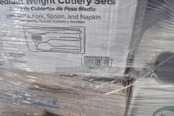 25 BRAND NEW! Boxes Including 760VP85 Carnival King Kraft 85 oz. Popcorn Bucket - 150/Case, 50012DWALLW Choice 12 oz. White Smooth Double Wall Paper Hot Cup - 500/Case, 500FC100 Cups, 346WKFSNM Choice Medium Weight White Wrapped Polypropylene Plastic Cutlery Set with Napkin - 250/Case, 347BP10BK Choice 10 1/4" Black Plastic Plate - 500/Case, 394385L Noble Products White Powder-Free Disposable Latex Gloves for Foodservice - Large - 1000/Case. 25 Times Your Bid! - Image 8 of 10