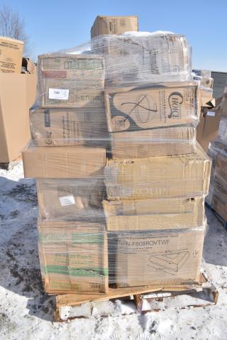 35 BRAND NEW! Boxes Including 129MCR38B Choice 38 oz. Black 7" Round Microwavable Heavy Weight Container with Lid - 150/Case, 394465XL Noble NexGen 3 Mil Black Biodegradable Powder-Free Nitrile Gloves - Extra Large - 1000/Case, 5002BNAPBLK Choice Black 2-Ply Customizable Beverage / Cocktail Napkin - 1000/Case, 160BIB2PKTGY Choice Gray Poly-Cotton Standard Bib Apron with 2 Pockets - 34" x 30", 394325L Noble NexGen Powder-Free Disposable Blue Hybrid 3 Mil Thick Gloves - Large - 1000/Case, Dart 12J12 12 oz. White Customizable Foam Cup - 1000/Case, SXB12WS Dixie Ultra Pathways 12 oz. Heavy Weight Paper Bowl - 500/Case, 394EN304XL Noble Products Nitrile White 3 Mil Thick All Purpose Powder-Free Textured Gloves - Extra Large - 1000/Case, 43309LPIE Choice 9" Clear Hinged Low Pie Container - 100/Case. 35 Times Your Bid!