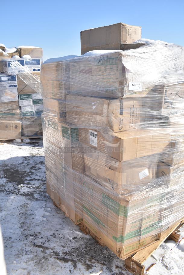 35 BRAND NEW! Boxes Including 129MCR38B Choice 38 oz. Black 7" Round Microwavable Heavy Weight Container with Lid - 150/Case, 394465XL Noble NexGen 3 Mil Black Biodegradable Powder-Free Nitrile Gloves - Extra Large - 1000/Case, 5002BNAPBLK Choice Black 2-Ply Customizable Beverage / Cocktail Napkin - 1000/Case, 160BIB2PKTGY Choice Gray Poly-Cotton Standard Bib Apron with 2 Pockets - 34" x 30", 394325L Noble NexGen Powder-Free Disposable Blue Hybrid 3 Mil Thick Gloves - Large - 1000/Case, Dart 12J12 12 oz. White Customizable Foam Cup - 1000/Case, SXB12WS Dixie Ultra Pathways 12 oz. Heavy Weight Paper Bowl - 500/Case, 394EN304XL Noble Products Nitrile White 3 Mil Thick All Purpose Powder-Free Textured Gloves - Extra Large - 1000/Case, 43309LPIE Choice 9" Clear Hinged Low Pie Container - 100/Case. 35 Times Your Bid! - Image 2 of 20