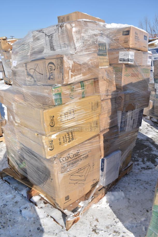 35 BRAND NEW! Boxes Including 129MCR38B Choice 38 oz. Black 7" Round Microwavable Heavy Weight Container with Lid - 150/Case, 394465XL Noble NexGen 3 Mil Black Biodegradable Powder-Free Nitrile Gloves - Extra Large - 1000/Case, 5002BNAPBLK Choice Black 2-Ply Customizable Beverage / Cocktail Napkin - 1000/Case, 160BIB2PKTGY Choice Gray Poly-Cotton Standard Bib Apron with 2 Pockets - 34" x 30", 394325L Noble NexGen Powder-Free Disposable Blue Hybrid 3 Mil Thick Gloves - Large - 1000/Case, Dart 12J12 12 oz. White Customizable Foam Cup - 1000/Case, SXB12WS Dixie Ultra Pathways 12 oz. Heavy Weight Paper Bowl - 500/Case, 394EN304XL Noble Products Nitrile White 3 Mil Thick All Purpose Powder-Free Textured Gloves - Extra Large - 1000/Case, 43309LPIE Choice 9" Clear Hinged Low Pie Container - 100/Case. 35 Times Your Bid! - Image 3 of 20