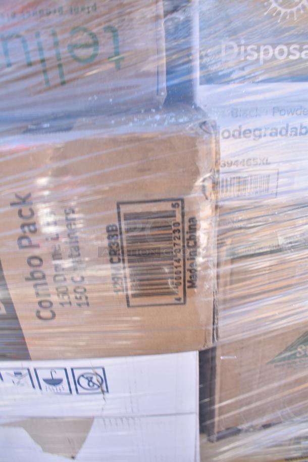 35 BRAND NEW! Boxes Including 129MCR38B Choice 38 oz. Black 7" Round Microwavable Heavy Weight Container with Lid - 150/Case, 394465XL Noble NexGen 3 Mil Black Biodegradable Powder-Free Nitrile Gloves - Extra Large - 1000/Case, 5002BNAPBLK Choice Black 2-Ply Customizable Beverage / Cocktail Napkin - 1000/Case, 160BIB2PKTGY Choice Gray Poly-Cotton Standard Bib Apron with 2 Pockets - 34" x 30", 394325L Noble NexGen Powder-Free Disposable Blue Hybrid 3 Mil Thick Gloves - Large - 1000/Case, Dart 12J12 12 oz. White Customizable Foam Cup - 1000/Case, SXB12WS Dixie Ultra Pathways 12 oz. Heavy Weight Paper Bowl - 500/Case, 394EN304XL Noble Products Nitrile White 3 Mil Thick All Purpose Powder-Free Textured Gloves - Extra Large - 1000/Case, 43309LPIE Choice 9" Clear Hinged Low Pie Container - 100/Case. 35 Times Your Bid! - Image 5 of 20