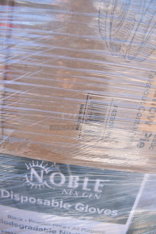 35 BRAND NEW! Boxes Including 129MCR38B Choice 38 oz. Black 7" Round Microwavable Heavy Weight Container with Lid - 150/Case, 394465XL Noble NexGen 3 Mil Black Biodegradable Powder-Free Nitrile Gloves - Extra Large - 1000/Case, 5002BNAPBLK Choice Black 2-Ply Customizable Beverage / Cocktail Napkin - 1000/Case, 160BIB2PKTGY Choice Gray Poly-Cotton Standard Bib Apron with 2 Pockets - 34" x 30", 394325L Noble NexGen Powder-Free Disposable Blue Hybrid 3 Mil Thick Gloves - Large - 1000/Case, Dart 12J12 12 oz. White Customizable Foam Cup - 1000/Case, SXB12WS Dixie Ultra Pathways 12 oz. Heavy Weight Paper Bowl - 500/Case, 394EN304XL Noble Products Nitrile White 3 Mil Thick All Purpose Powder-Free Textured Gloves - Extra Large - 1000/Case, 43309LPIE Choice 9" Clear Hinged Low Pie Container - 100/Case. 35 Times Your Bid! - Image 7 of 20