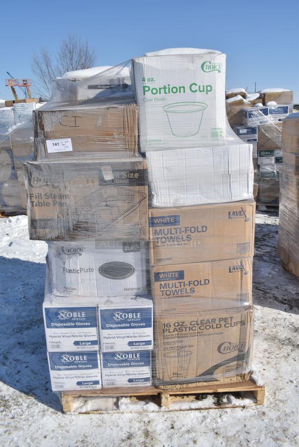 30 BRAND NEW! Boxes Including 130WBKFORKH Choice Black Heavy Weight Wrapped Polystyrene Plastic Fork - 1000/Case, 760VP85 Carnival King 85 oz. Popcorn Bucket - 150/Case, 500MF883B3C Choice 8" x 8" 3-Compartment Microwaveable Black Mineral-Filled Plastic Hinged Take-Out Container - 150/Case, TP12 Paragon 1112110 Commercial Theater 12 oz. Popcorn Machine, 612FFL1230 Choice Foil Steam Table Pan Lid - Full Size - 50/Case, 130BKFKSNX500 Choice Black Extra Heavy Weight Wrapped Polystyrene Plastic Cutlery Pack with Napkin - 500/Case, 347BP9BK Choice 9" Black Plastic Plate - 500/Case, 500MFT Lavex White M-Fold (Multifold) Towel - 4000/Case, 500CC16 Choice Clear PET Customizable Plastic Cold Cup - 16 oz. - 1000/Case, 4 Box 394325L Noble NexGen Powder-Free Disposable Blue Hybrid 3 Mil Thick Gloves - Large - 1000/Case, 500CC32P Choice Clear PET Plastic Cold Cup - 32 oz. - 500/Case, 760SOUP12WPA Choice 12 oz. White Double Poly-Coated Paper Food Cup with Vented Paper Lid - 250/Case. 30 Times Your Bid! - Image 1 of 19