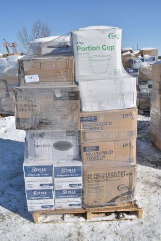 30 BRAND NEW! Boxes Including 130WBKFORKH Choice Black Heavy Weight Wrapped Polystyrene Plastic Fork - 1000/Case, 760VP85 Carnival King 85 oz. Popcorn Bucket - 150/Case, 500MF883B3C Choice 8" x 8" 3-Compartment Microwaveable Black Mineral-Filled Plastic Hinged Take-Out Container - 150/Case, TP12 Paragon 1112110 Commercial Theater 12 oz. Popcorn Machine, 612FFL1230 Choice Foil Steam Table Pan Lid - Full Size - 50/Case, 130BKFKSNX500 Choice Black Extra Heavy Weight Wrapped Polystyrene Plastic Cutlery Pack with Napkin - 500/Case, 347BP9BK Choice 9" Black Plastic Plate - 500/Case, 500MFT Lavex White M-Fold (Multifold) Towel - 4000/Case, 500CC16 Choice Clear PET Customizable Plastic Cold Cup - 16 oz. - 1000/Case, 4 Box 394325L Noble NexGen Powder-Free Disposable Blue Hybrid 3 Mil Thick Gloves - Large - 1000/Case, 500CC32P Choice Clear PET Plastic Cold Cup - 32 oz. - 500/Case, 760SOUP12WPA Choice 12 oz. White Double Poly-Coated Paper Food Cup with Vented Paper Lid - 250/Case. 30 Times Your Bid!