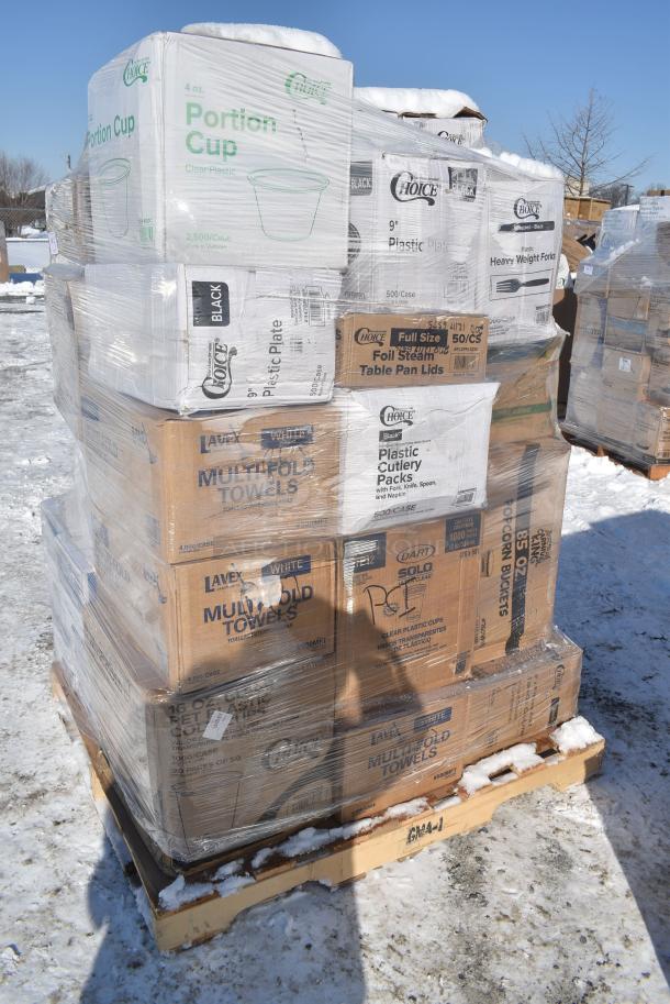 30 BRAND NEW! Boxes Including 130WBKFORKH Choice Black Heavy Weight Wrapped Polystyrene Plastic Fork - 1000/Case, 760VP85 Carnival King 85 oz. Popcorn Bucket - 150/Case, 500MF883B3C Choice 8" x 8" 3-Compartment Microwaveable Black Mineral-Filled Plastic Hinged Take-Out Container - 150/Case, TP12 Paragon 1112110 Commercial Theater 12 oz. Popcorn Machine, 612FFL1230 Choice Foil Steam Table Pan Lid - Full Size - 50/Case, 130BKFKSNX500 Choice Black Extra Heavy Weight Wrapped Polystyrene Plastic Cutlery Pack with Napkin - 500/Case, 347BP9BK Choice 9" Black Plastic Plate - 500/Case, 500MFT Lavex White M-Fold (Multifold) Towel - 4000/Case, 500CC16 Choice Clear PET Customizable Plastic Cold Cup - 16 oz. - 1000/Case, 4 Box 394325L Noble NexGen Powder-Free Disposable Blue Hybrid 3 Mil Thick Gloves - Large - 1000/Case, 500CC32P Choice Clear PET Plastic Cold Cup - 32 oz. - 500/Case, 760SOUP12WPA Choice 12 oz. White Double Poly-Coated Paper Food Cup with Vented Paper Lid - 250/Case. 30 Times Your Bid! - Image 2 of 19