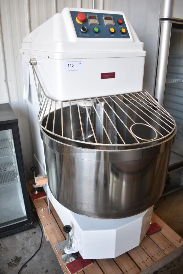 BRAND NEW SCRATCH AND DENT! Estella 348SM160 Metal Commercial 160 Qt. / 228 lb. Two-Speed Spiral Dough Mixer w/ Stainless Steel Mixing Bowl, Bowl Guard and Dough Hook. 220 Volts, 3 Phase. - Image 1 of 10