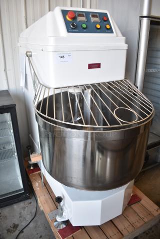 BRAND NEW SCRATCH AND DENT! Estella 348SM160 Metal Commercial 160 Qt. / 228 lb. Two-Speed Spiral Dough Mixer w/ Stainless Steel Mixing Bowl, Bowl Guard and Dough Hook. 220 Volts, 3 Phase.